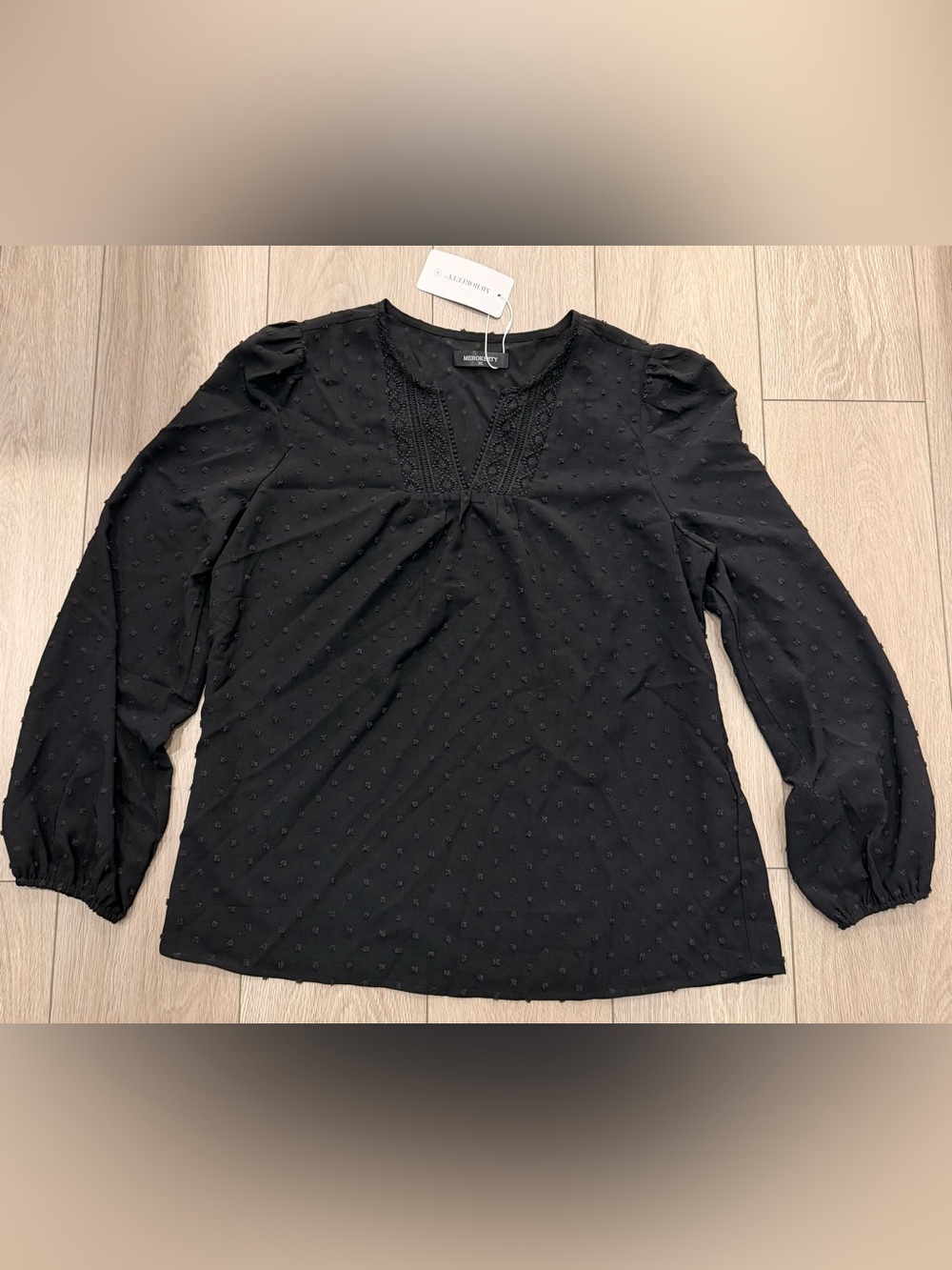 Nwt- size XL - Black Swiss Dot Lace-Trim V-Neck Blouse